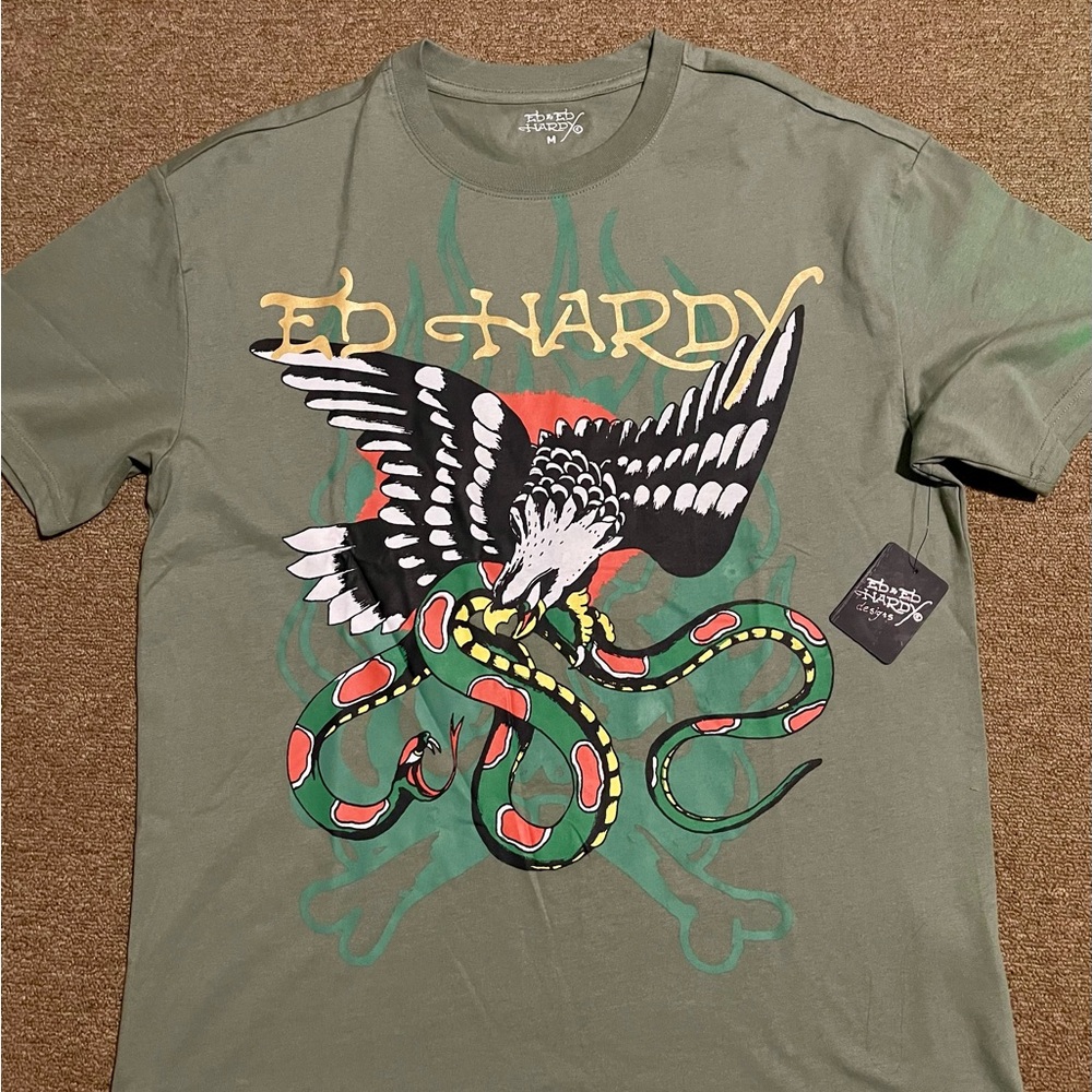 Ed Hardy Olive Snake and Eagle Tee
